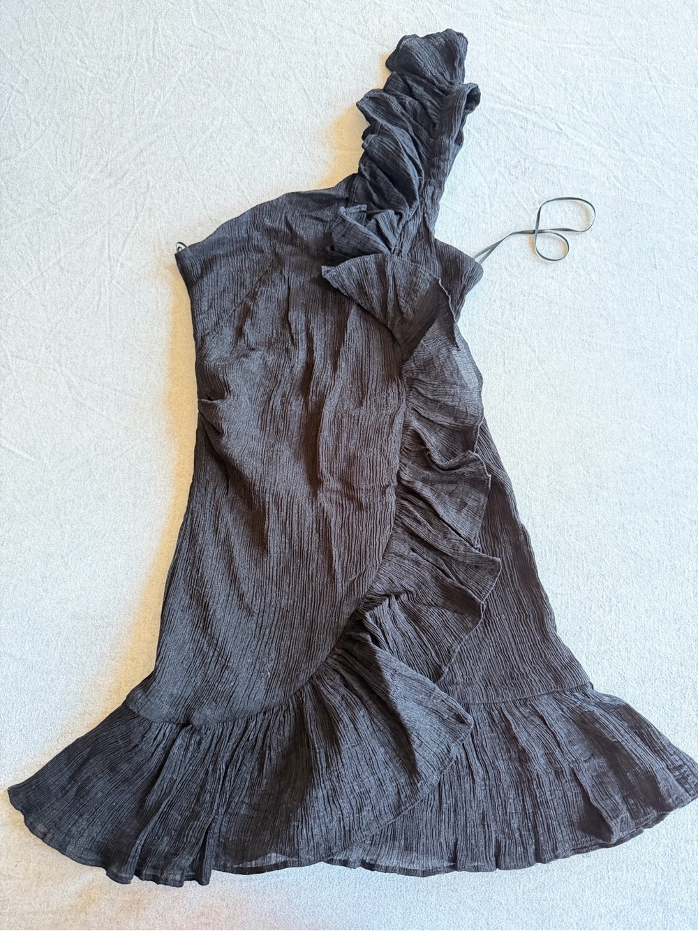 MARBLE One-Shoulder Ruffle Dress in Charcoal Gray
